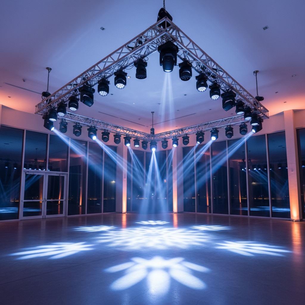 Interior venue with various lighting setups, featuring spotlights and illuminated polar patterns on the ground.